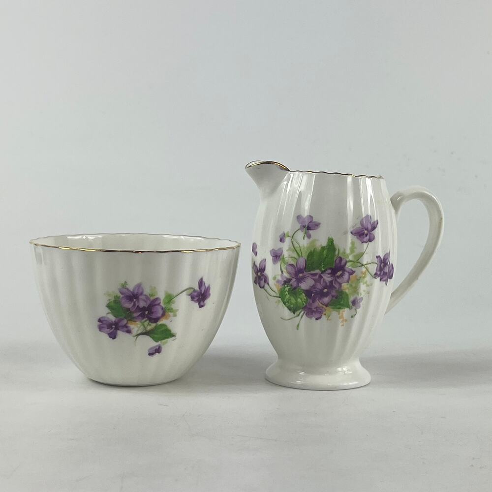 Vintage Radfords Bone China Creamer Sugar Bowl Set Purple Violets Floral England